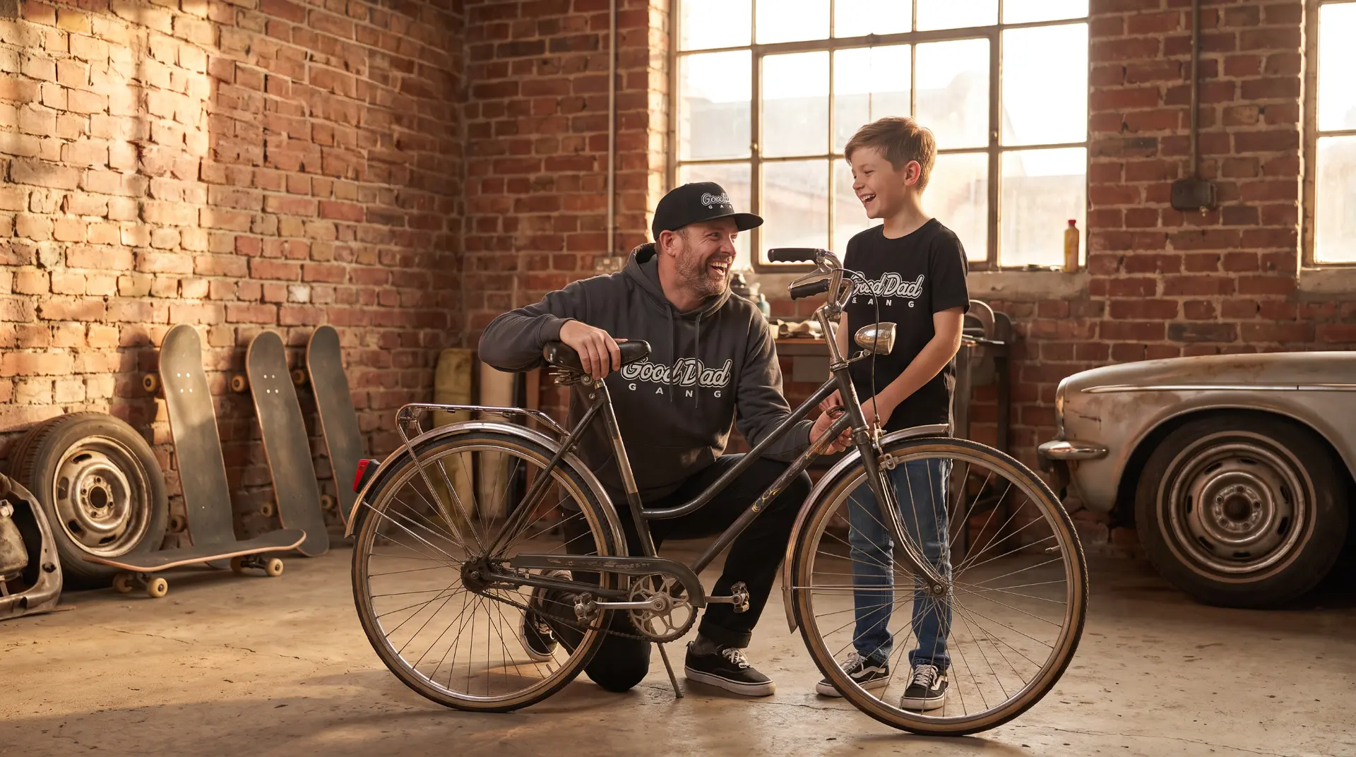 A dad and his son laughing together over a vintage bicycle in a brick workshop