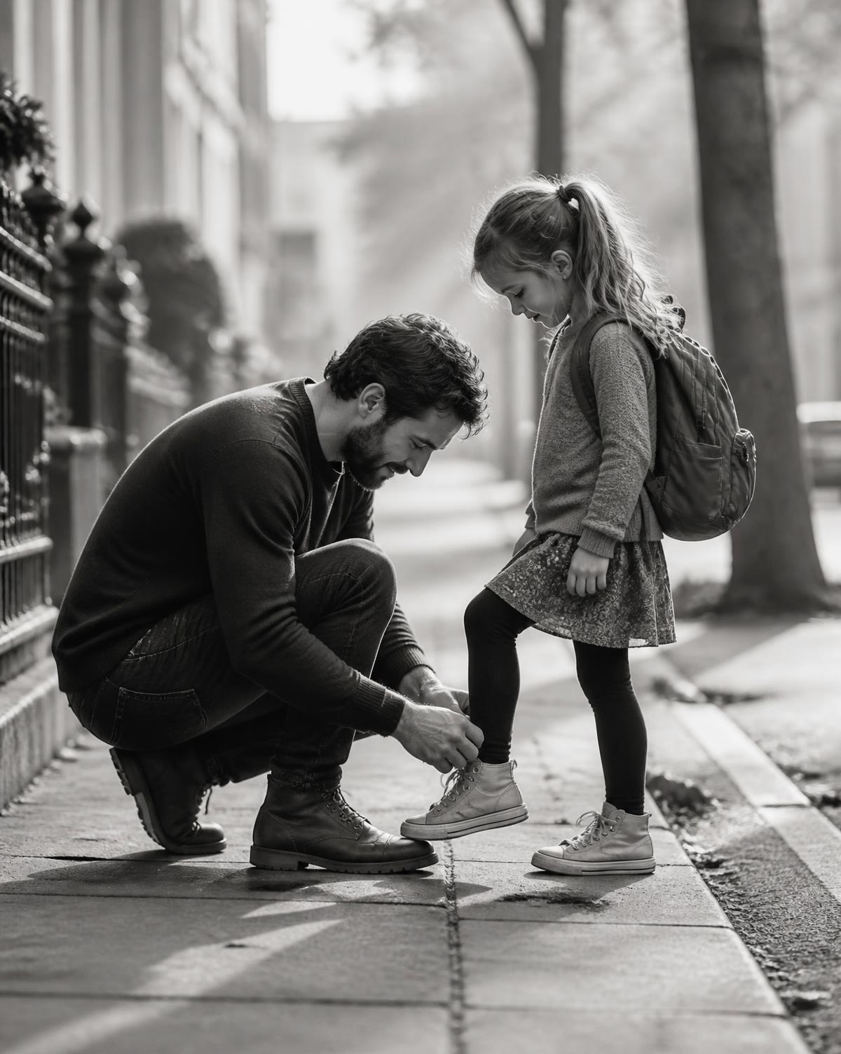 A father tying his daughter's shoe on a sidewalk